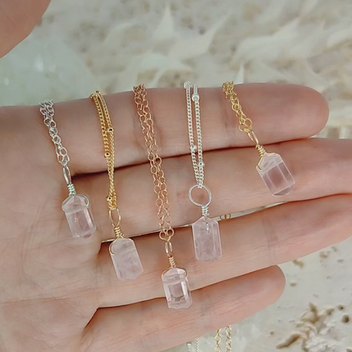 Mini Double Terminated Rose Quartz Crystal Point Pendant Necklace