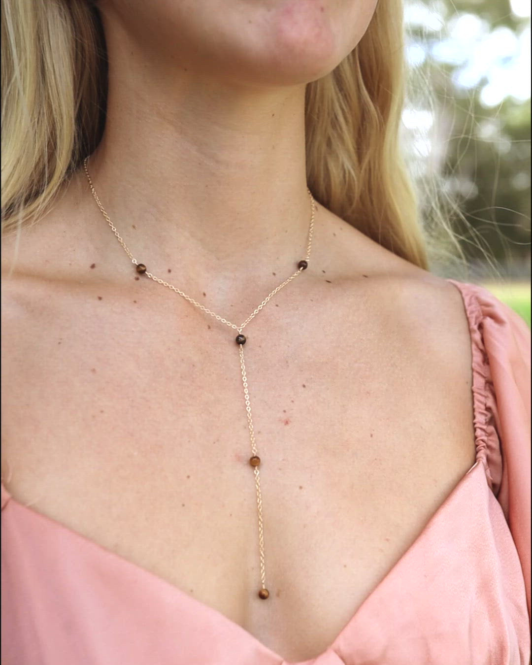 Dainty Tiger's Eye Gemstone Lariat Necklace