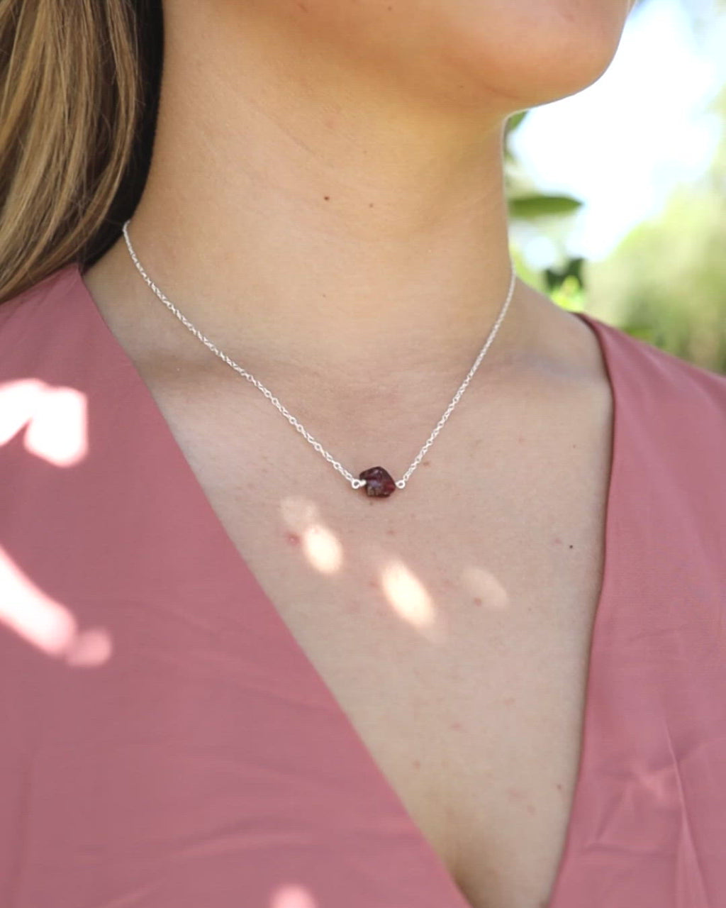 Tiny Raw Garnet Crystal Nugget Necklace