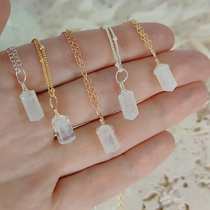 Rainbow Moonstone Mini Double Terminated Crystal Point Pendant Necklace