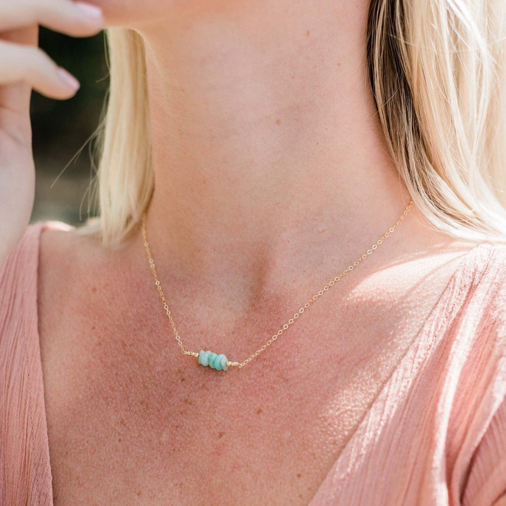 Amazonite Chip Bead Bar Necklace - Amazonite Chip Bead Bar Necklace - 14k Gold Fill - Luna Tide Handmade Crystal Jewellery