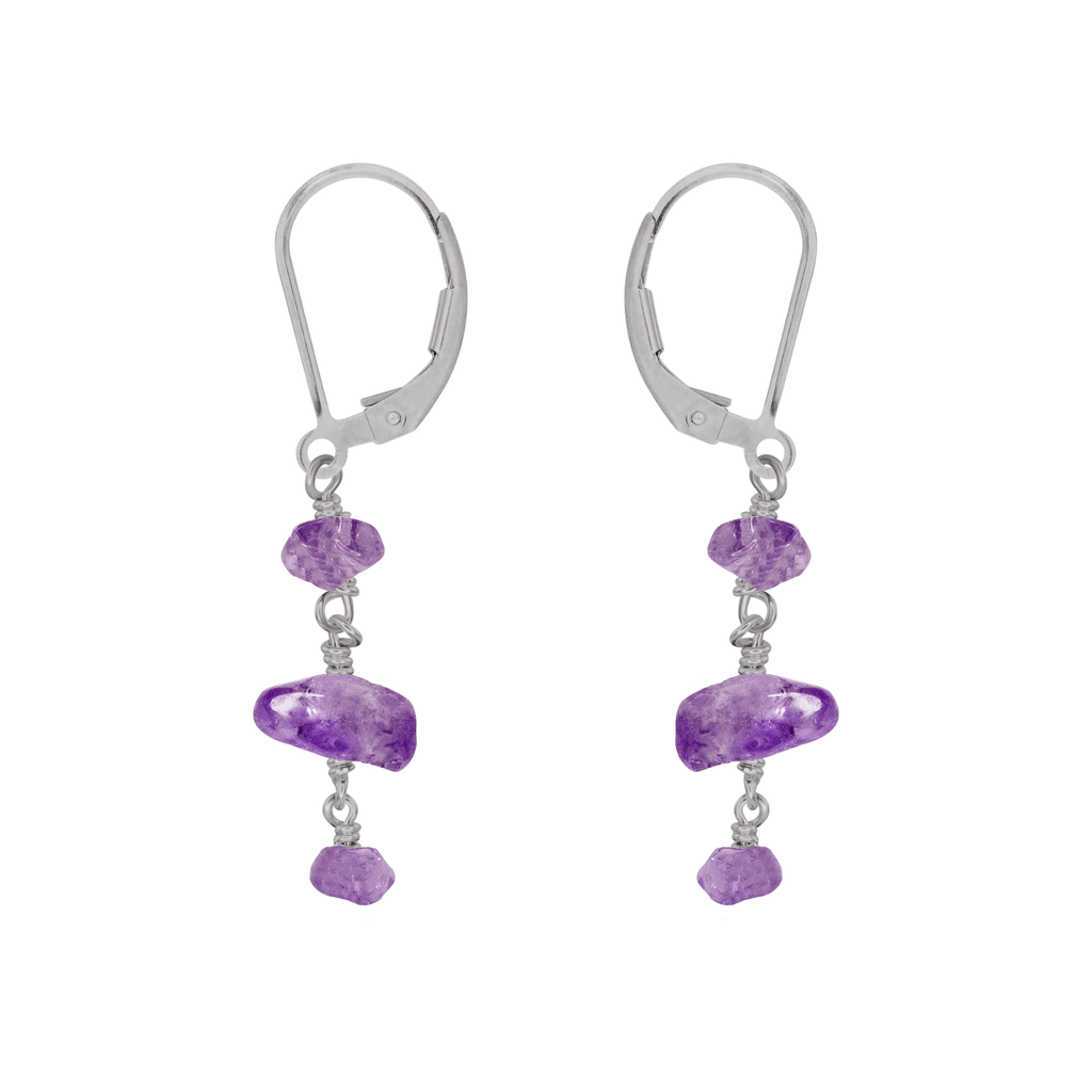 Amethyst Crystal Beaded Chain Dangle Leverback Earrings - Amethyst Crystal Beaded Chain Dangle Leverback Earrings - Stainless Steel - Luna Tide Handmade Crystal Jewellery