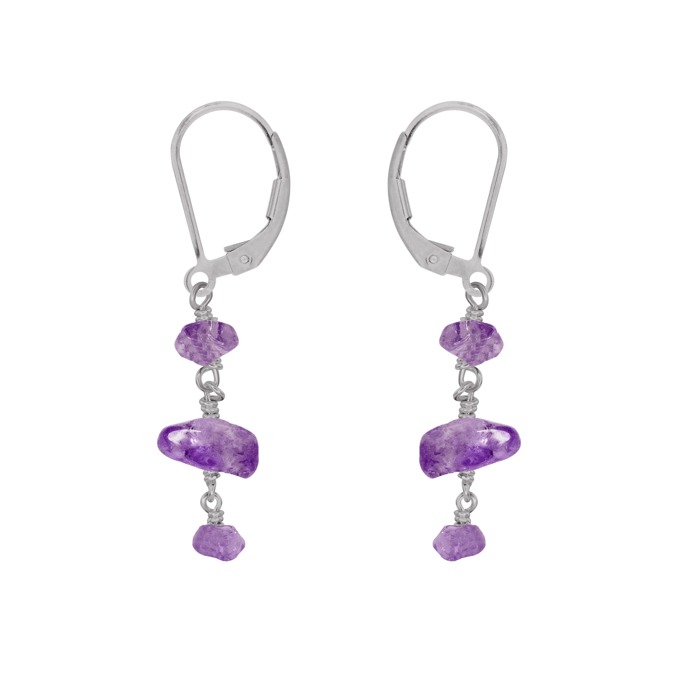 Amethyst Crystal Beaded Chain Dangle Leverback Earrings - Amethyst Crystal Beaded Chain Dangle Leverback Earrings - Stainless Steel - Luna Tide Handmade Crystal Jewellery