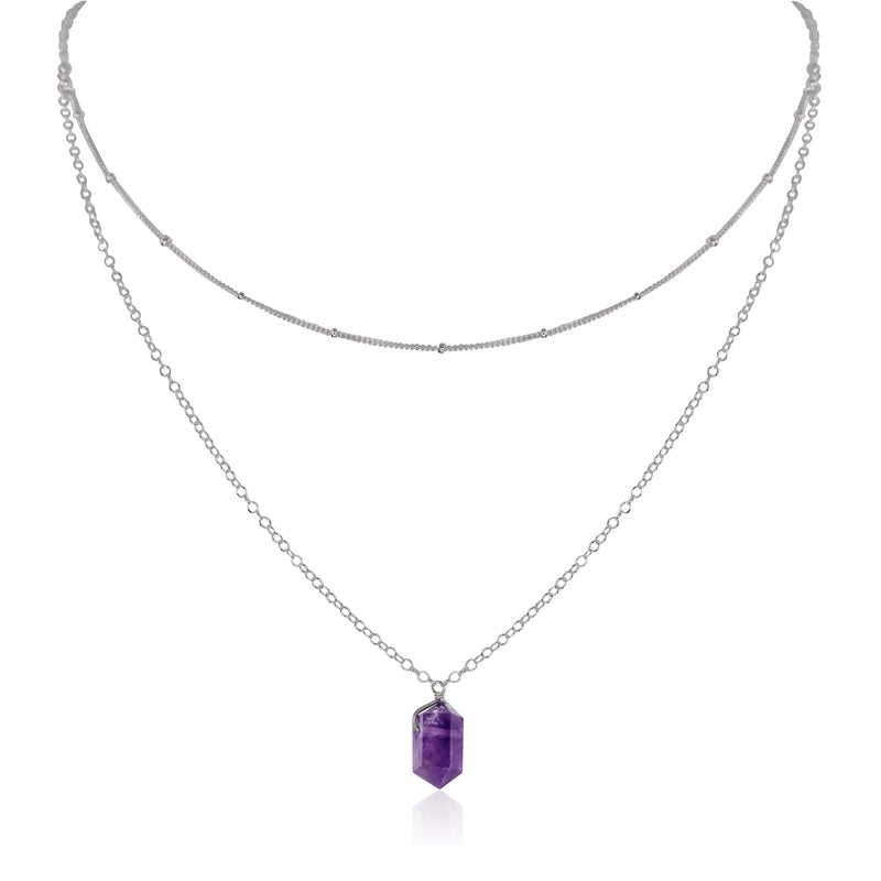 Double Terminated Crystal Layered Choker - Amethyst - Stainless Steel - Luna Tide Handmade Jewellery