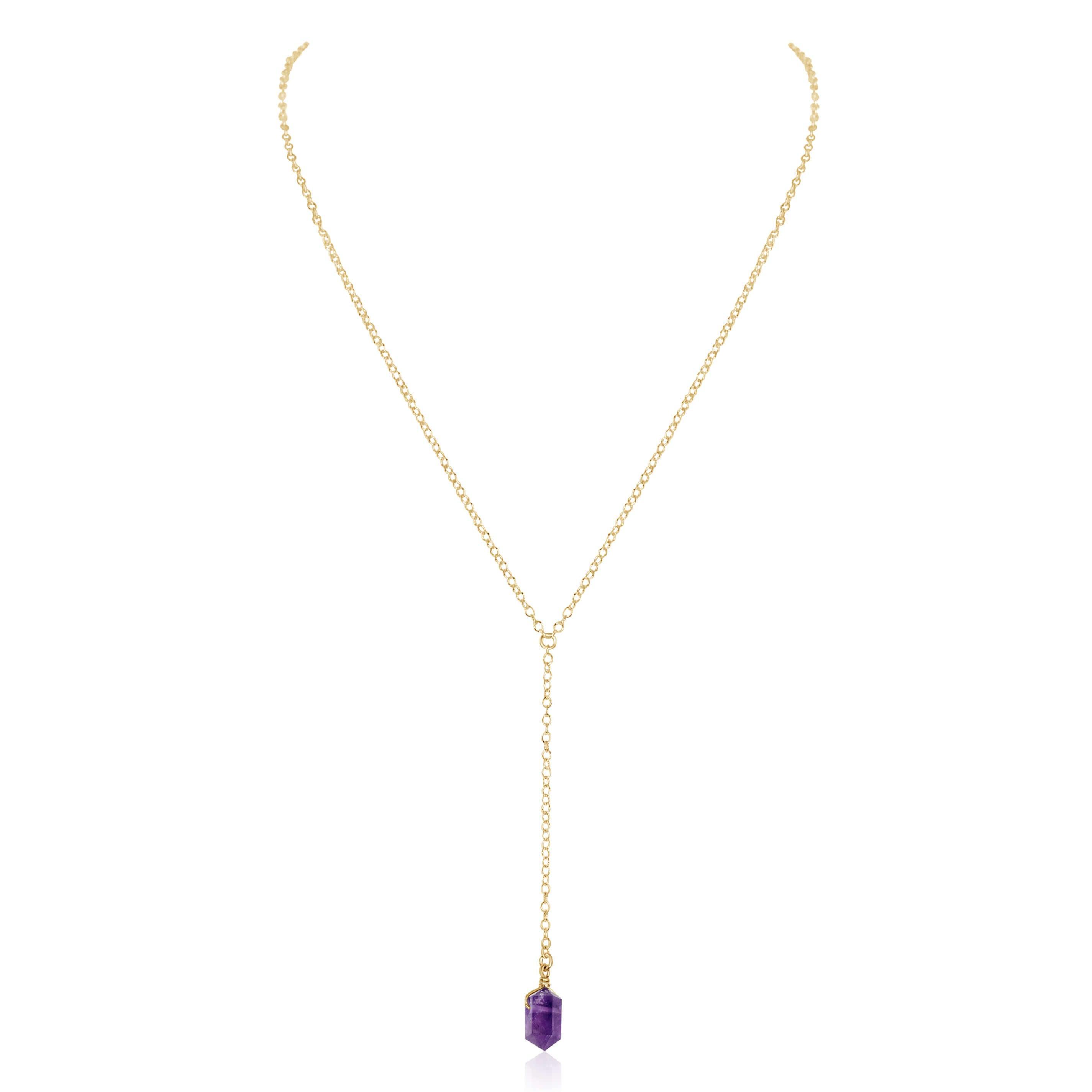 Amethyst Double Terminated Mini Crystal Point Lariat Necklace - Amethyst Double Terminated Mini Crystal Point Lariat Necklace - 14k Gold Fill - Luna Tide Handmade Crystal Jewellery