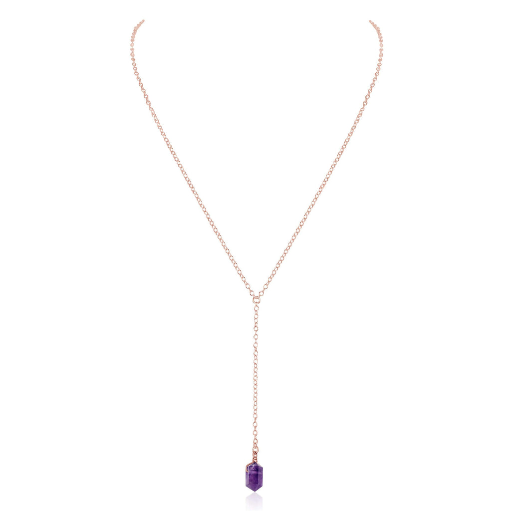 Amethyst Double Terminated Mini Crystal Point Lariat Necklace - Amethyst Double Terminated Mini Crystal Point Lariat Necklace - 14k Rose Gold Fill - Luna Tide Handmade Crystal Jewellery