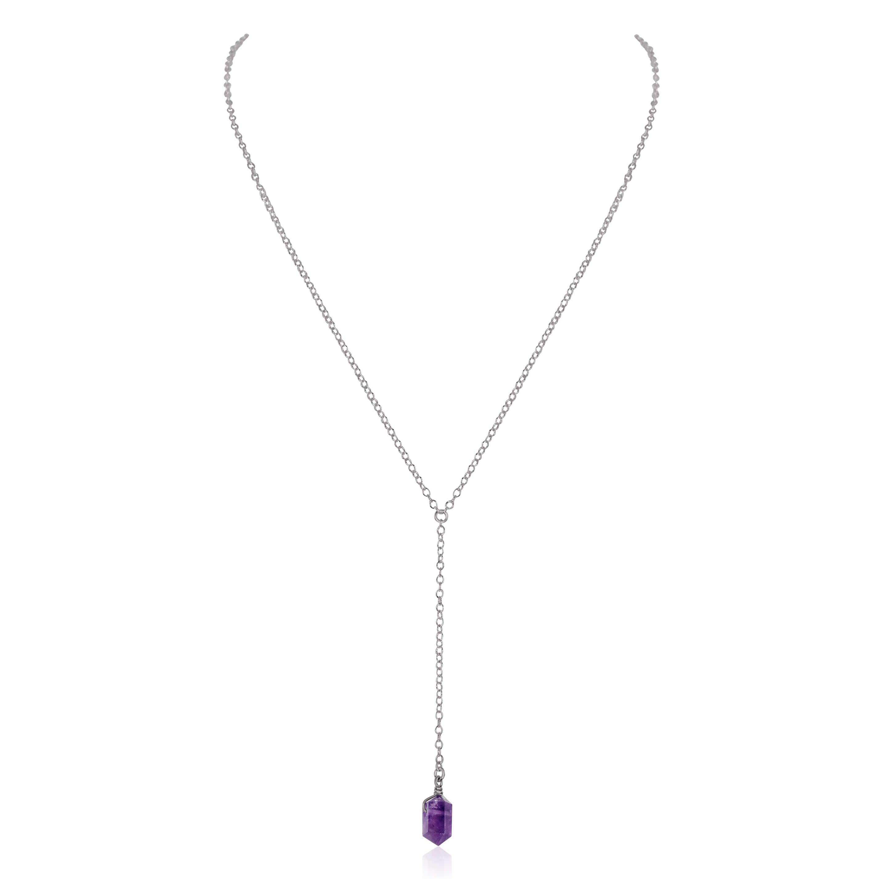 Amethyst Double Terminated Mini Crystal Point Lariat Necklace - Amethyst Double Terminated Mini Crystal Point Lariat Necklace - Stainless Steel - Luna Tide Handmade Crystal Jewellery