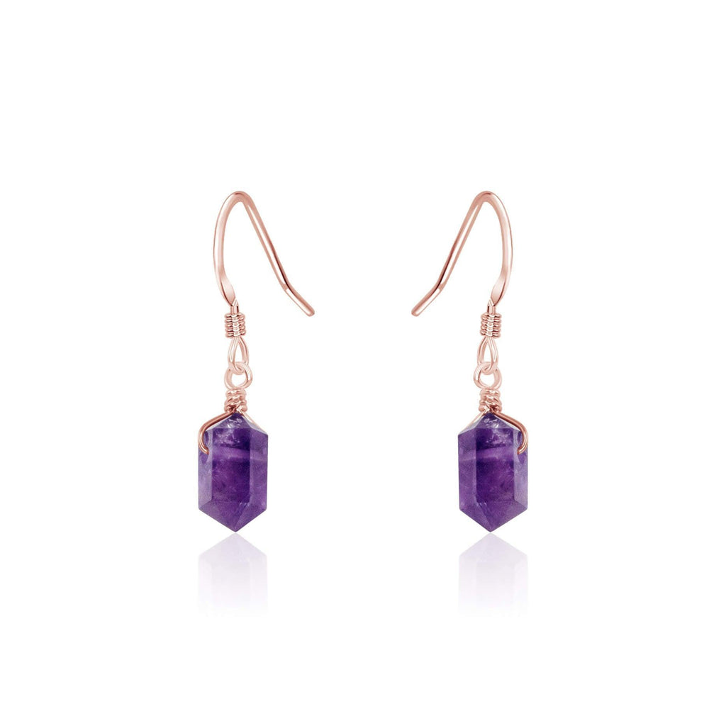 Amethyst Mini Double Terminated Crystal Point Dangle Drop Earrings - Amethyst Mini Double Terminated Crystal Point Dangle Drop Earrings - 14k Rose Gold Fill - Luna Tide Handmade Crystal Jewellery