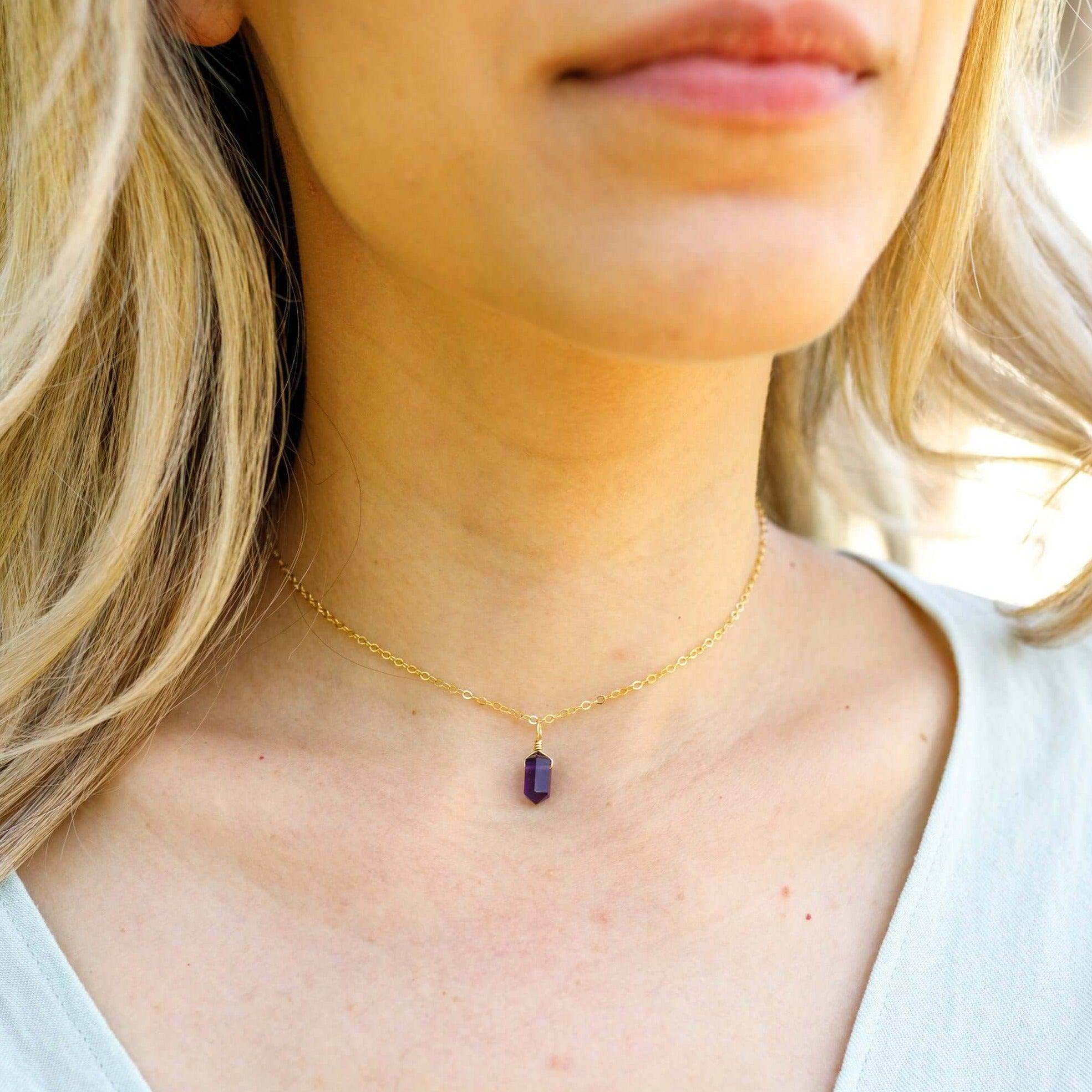Amethyst Mini Double Terminated Crystal Point Pendant Choker Necklace - Amethyst Mini Double Terminated Crystal Point Pendant Choker Necklace - 14k Gold Fill / Cable - Luna Tide Handmade Crystal Jewellery