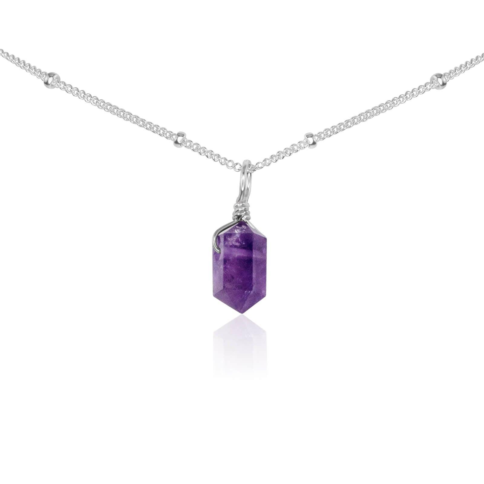 Amethyst Mini Double Terminated Crystal Point Pendant Choker Necklace - Amethyst Mini Double Terminated Crystal Point Pendant Choker Necklace - Sterling Silver / Satellite - Luna Tide Handmade Crystal Jewellery