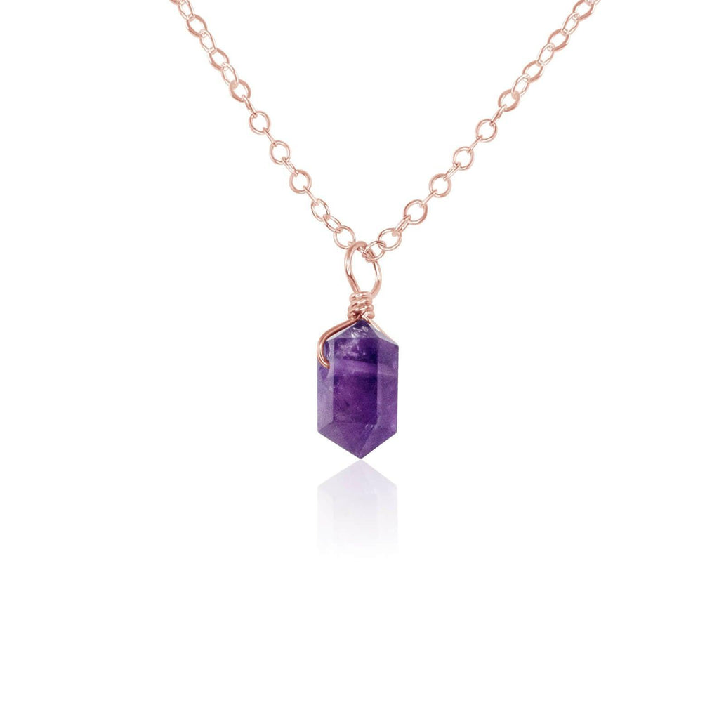 Amethyst Mini Double Terminated Crystal Point Pendant Necklace - Amethyst Mini Double Terminated Crystal Point Pendant Necklace - 14k Rose Gold Fill / Cable - Luna Tide Handmade Crystal Jewellery