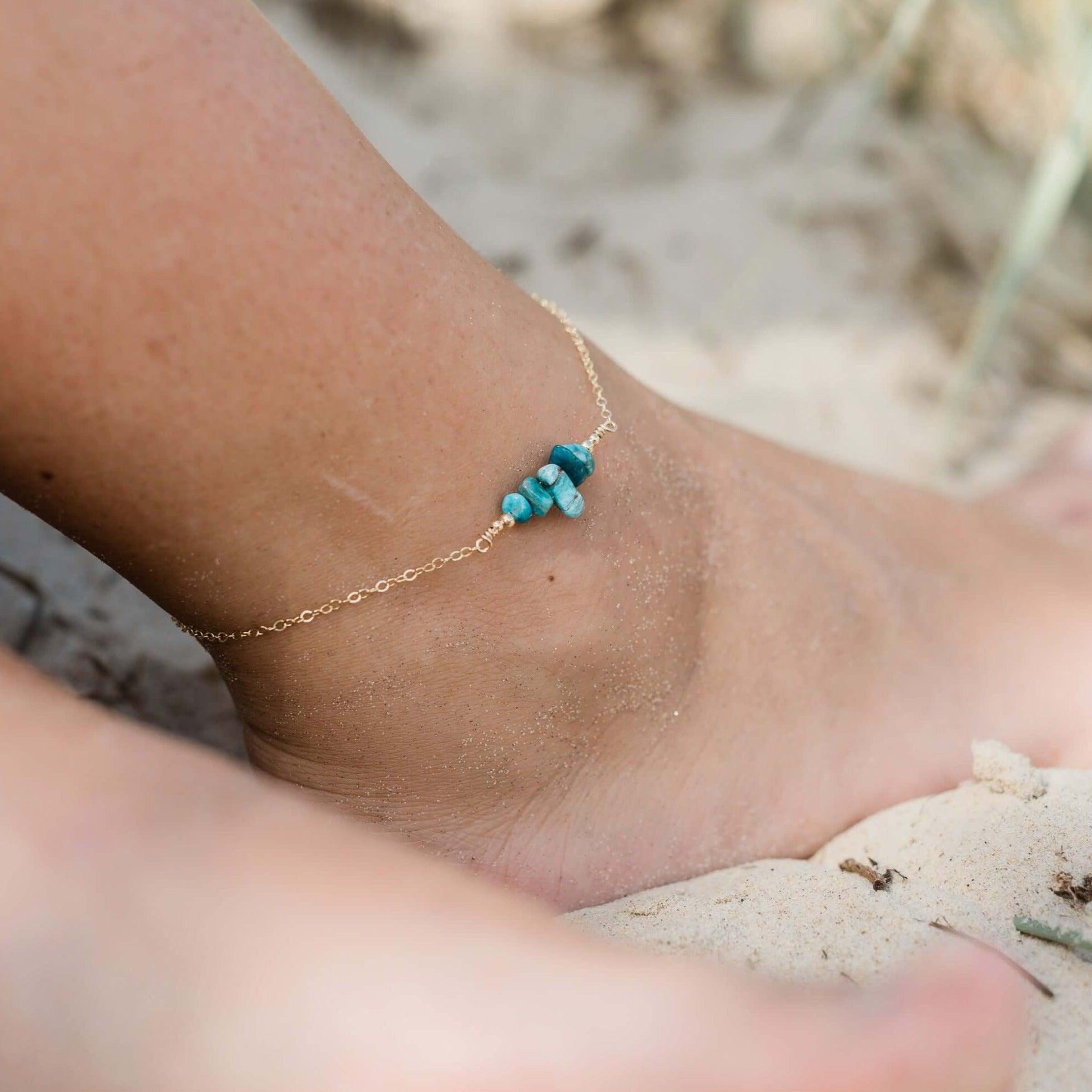 Apatite Chip Bead Bar Anklet - Apatite Chip Bead Bar Anklet - Sterling Silver - Luna Tide Handmade Crystal Jewellery