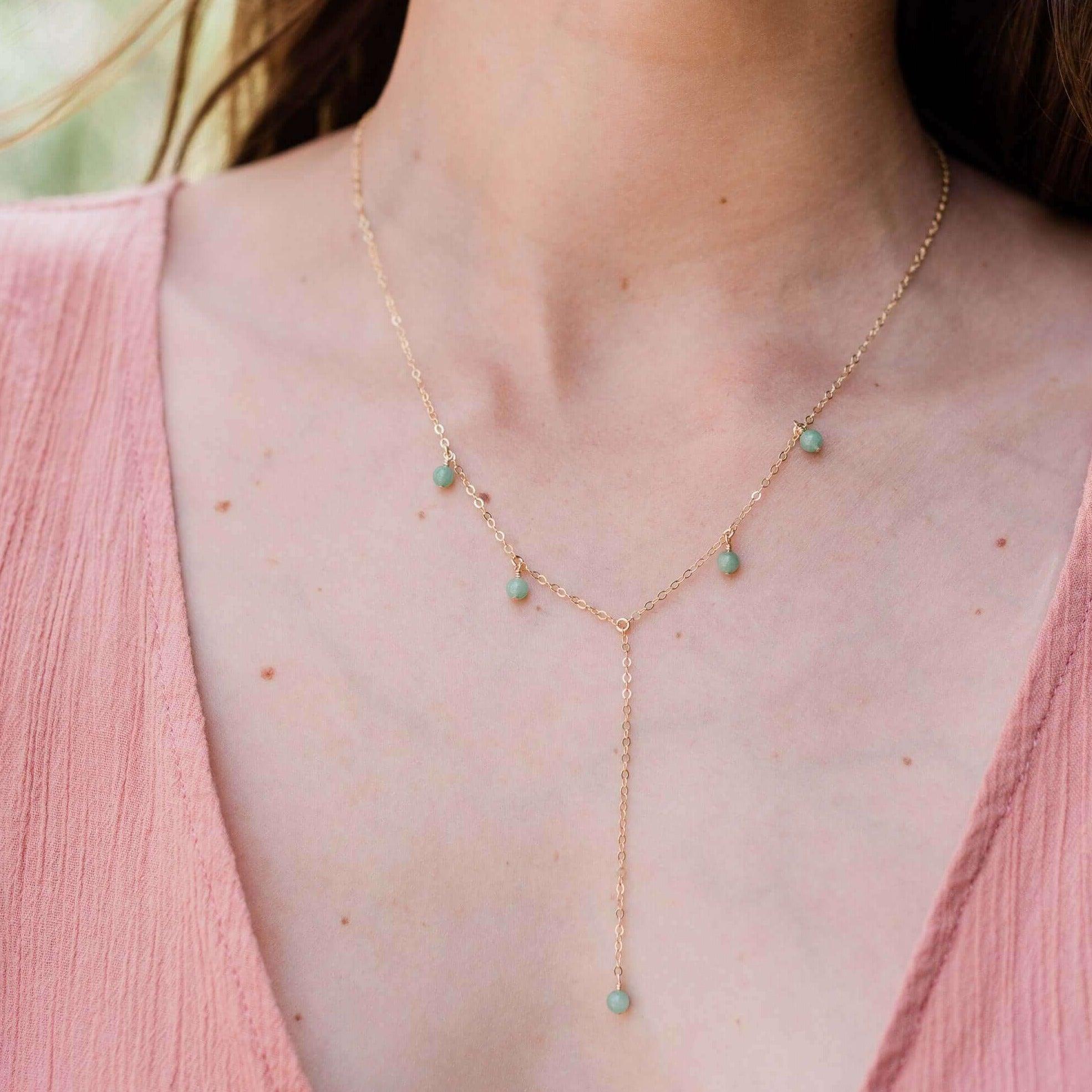 Aventurine Boho Lariat Necklace - Aventurine Boho Lariat Necklace - 14k Gold Fill - Luna Tide Handmade Crystal Jewellery