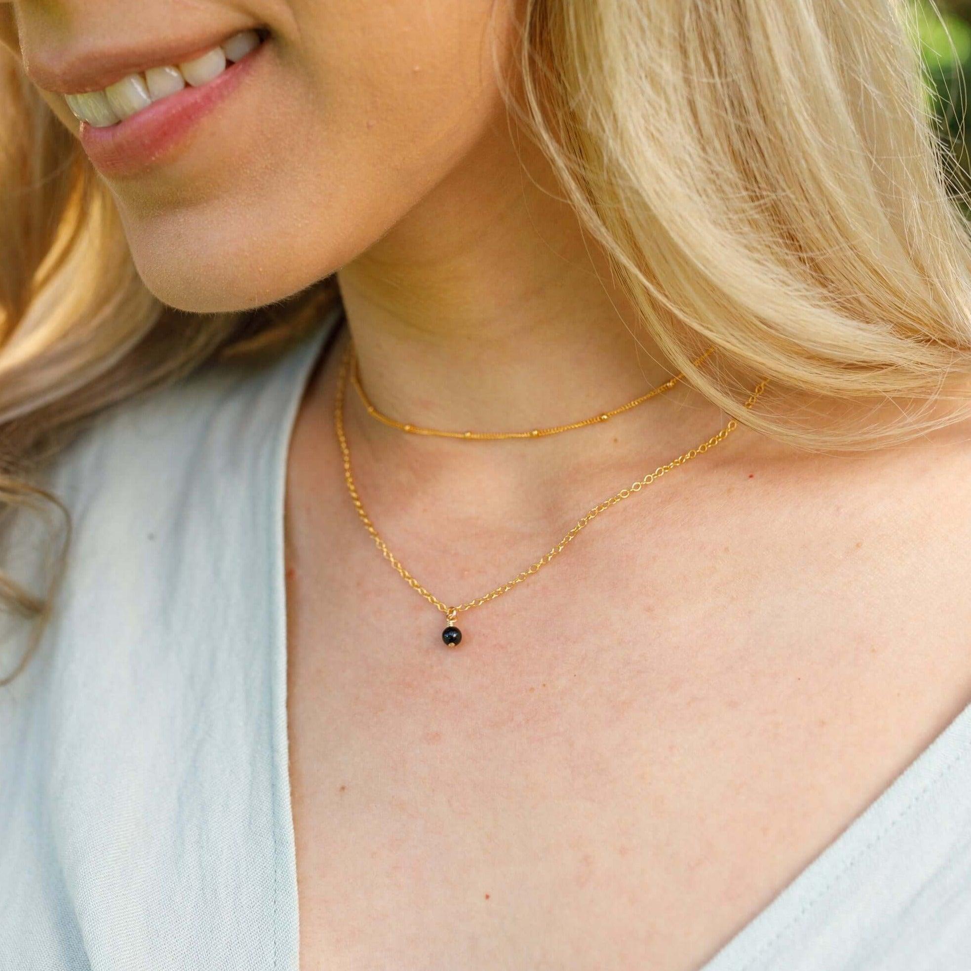 Black Onyx Gemstone Chain Layered Choker Necklace - Black Onyx Gemstone Chain Layered Choker Necklace - 14k Gold Fill - Luna Tide Handmade Crystal Jewellery