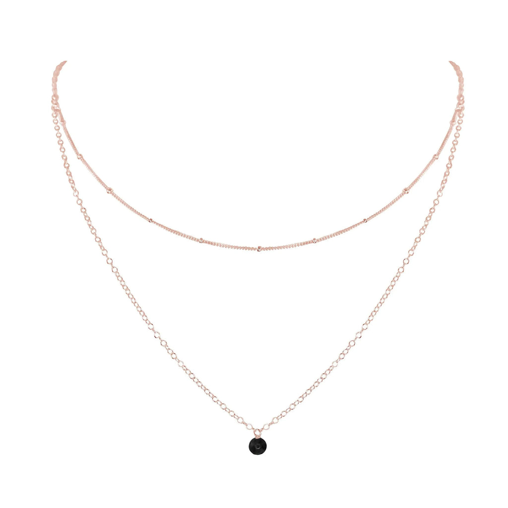 Black Onyx Gemstone Chain Layered Choker Necklace - Black Onyx Gemstone Chain Layered Choker Necklace - 14k Rose Gold Fill - Luna Tide Handmade Crystal Jewellery