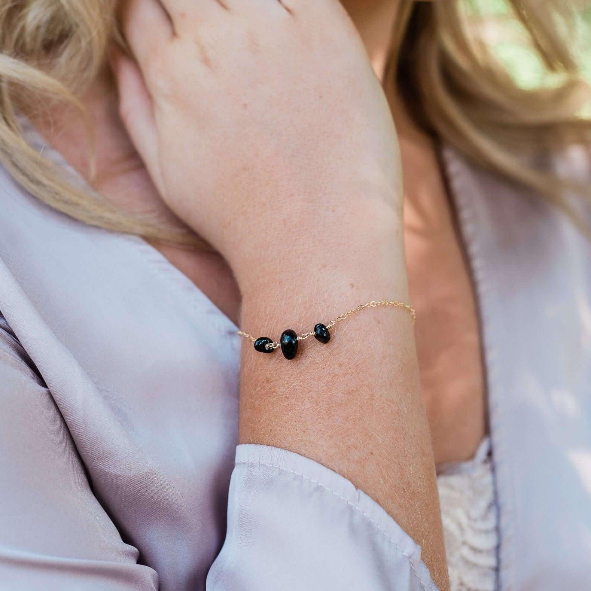 Black Tourmaline Beaded Chain Bracelet - Black Tourmaline Beaded Chain Bracelet - Sterling Silver - Luna Tide Handmade Crystal Jewellery