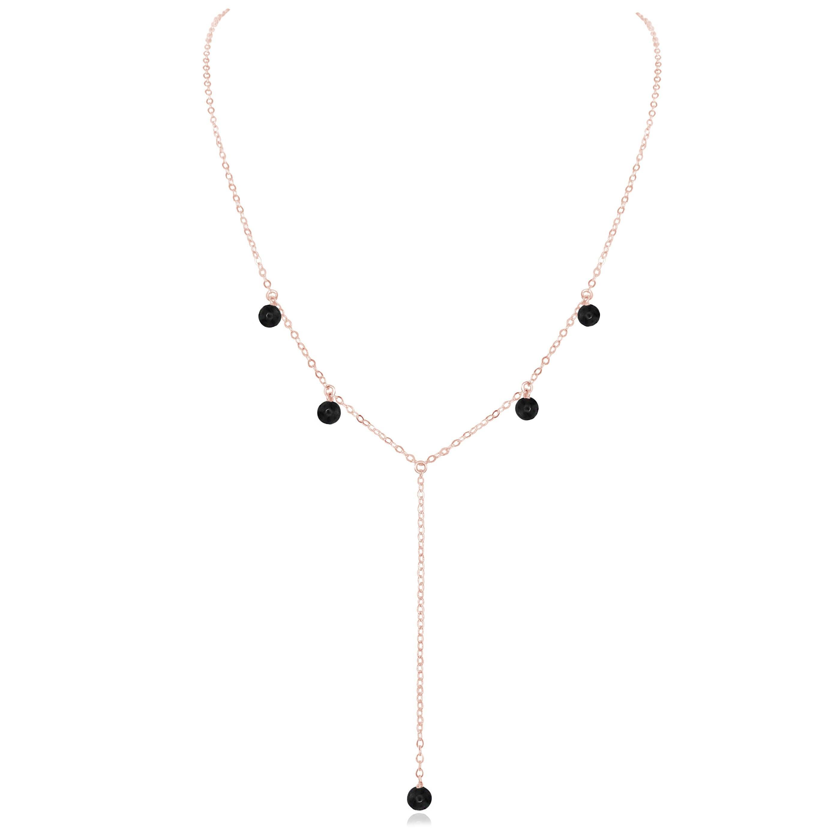 Black Tourmaline Boho Lariat Necklace - Black Tourmaline Boho Lariat Necklace - 14k Rose Gold Fill - Luna Tide Handmade Crystal Jewellery
