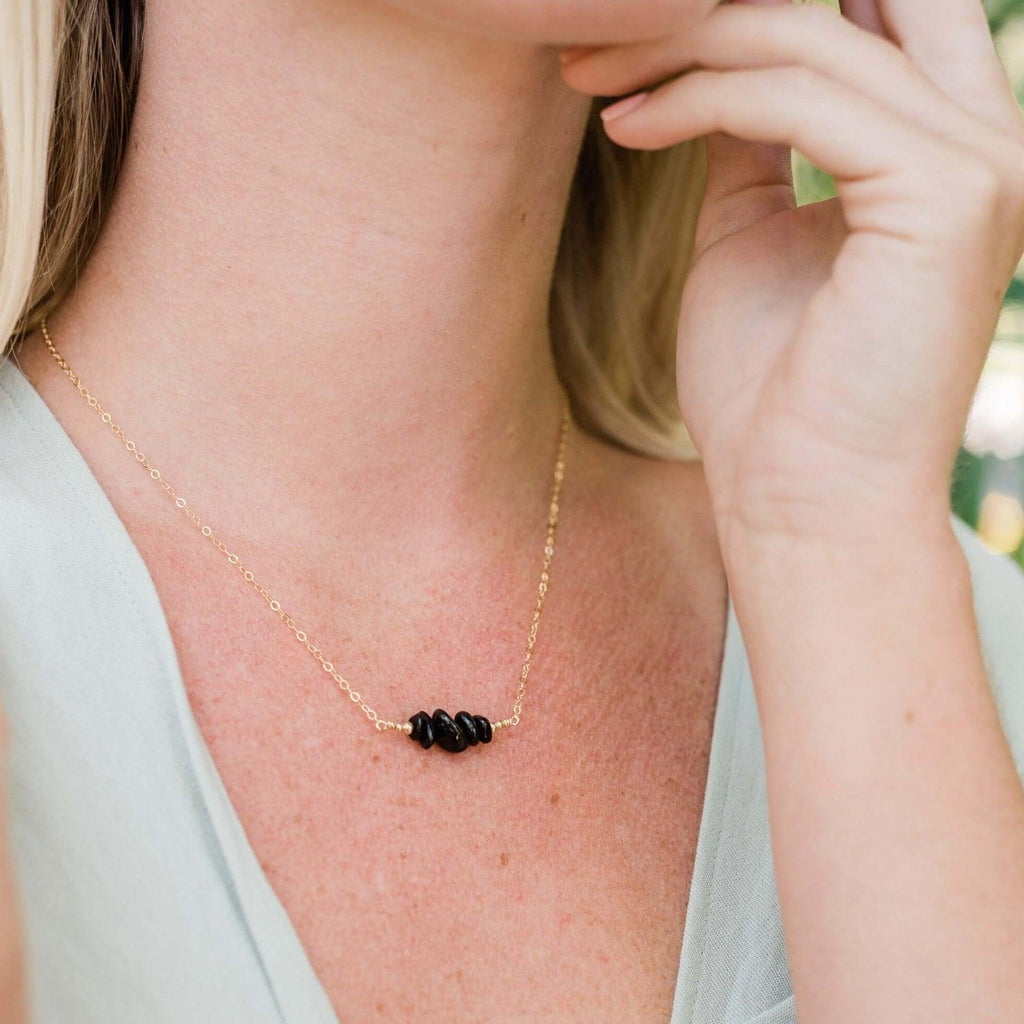 Black Tourmaline Chip Bead Bar Necklace - Black Tourmaline Chip Bead Bar Necklace - 14k Gold Fill - Luna Tide Handmade Crystal Jewellery