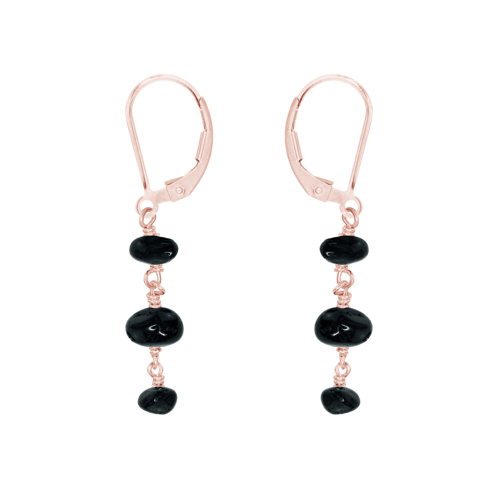 Black Tourmaline Crystal Beaded Chain Dangle Leverback Earrings - Black Tourmaline Crystal Beaded Chain Dangle Leverback Earrings - 14k Rose Gold Fill - Luna Tide Handmade Crystal Jewellery