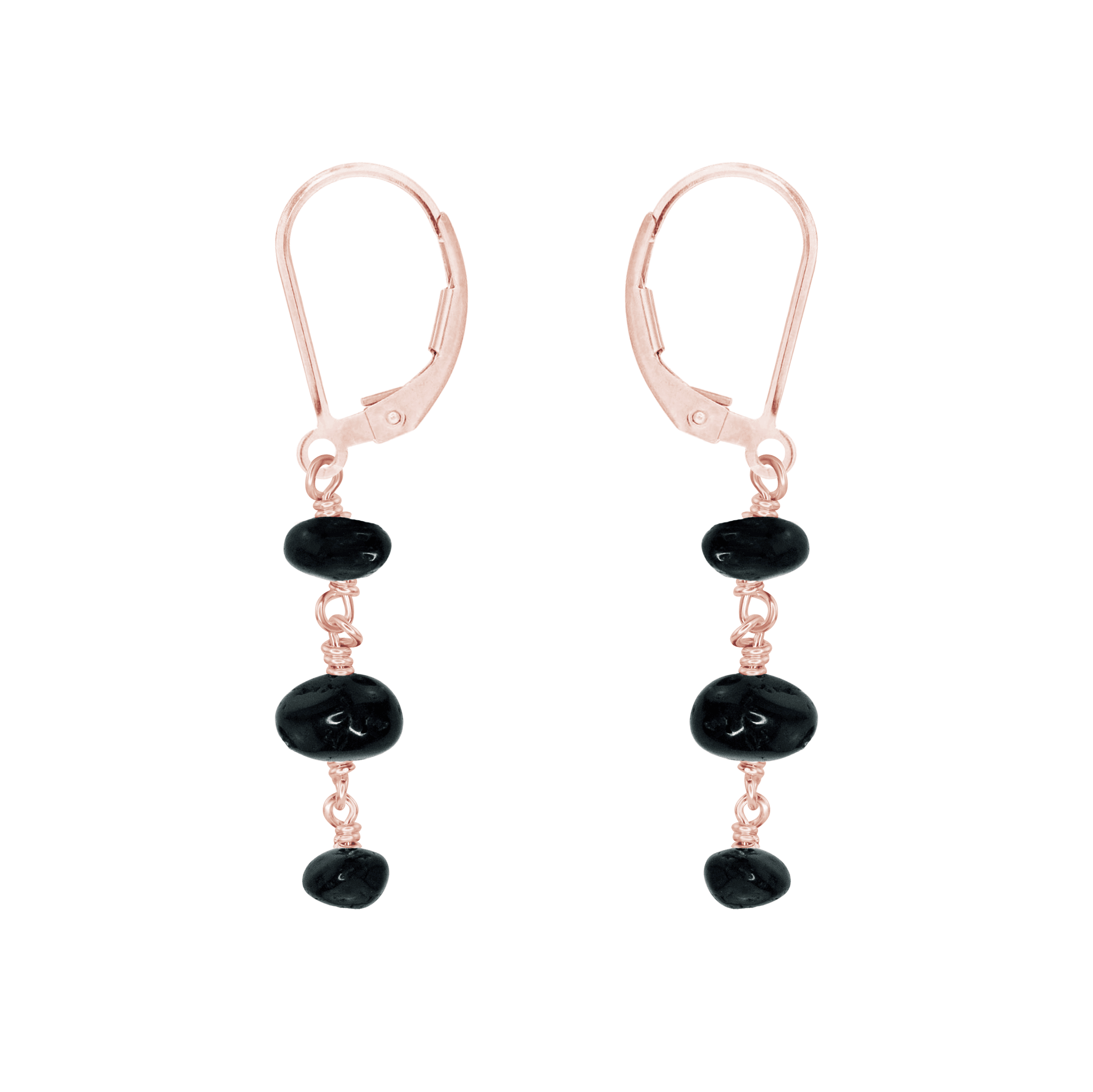 Black Tourmaline Crystal Beaded Chain Dangle Leverback Earrings - Black Tourmaline Crystal Beaded Chain Dangle Leverback Earrings - 14k Rose Gold Fill - Luna Tide Handmade Crystal Jewellery