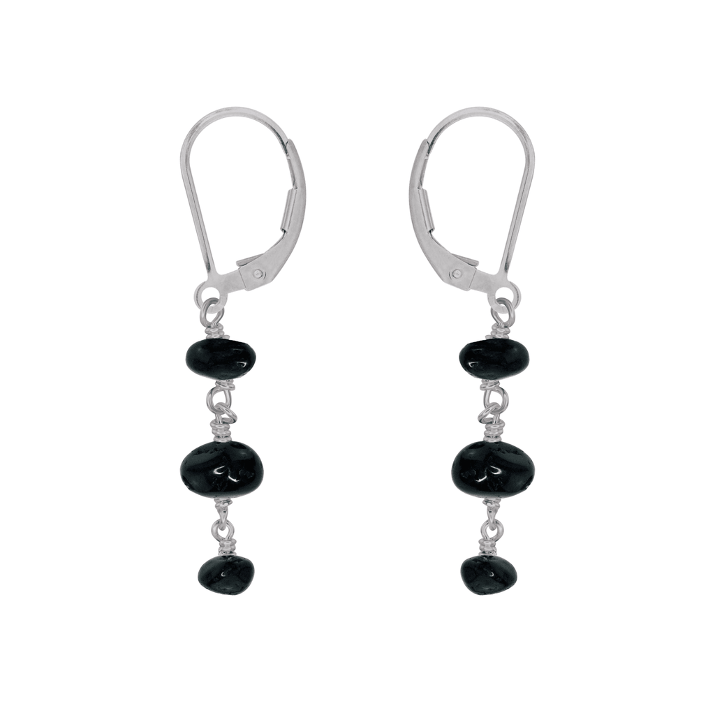 Black Tourmaline Crystal Beaded Chain Dangle Leverback Earrings - Black Tourmaline Crystal Beaded Chain Dangle Leverback Earrings - Stainless Steel - Luna Tide Handmade Crystal Jewellery