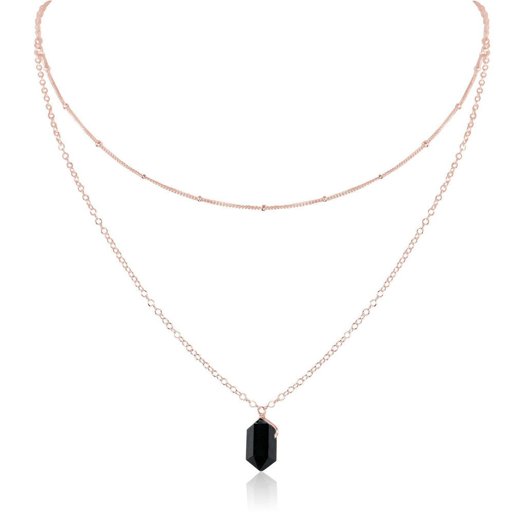 Black Tourmaline Double Terminated Crystal Chain Layered Choker Necklace - Black Tourmaline Double Terminated Crystal Chain Layered Choker Necklace - 14k Rose Gold Fill - Luna Tide Handmade Crystal Jewellery