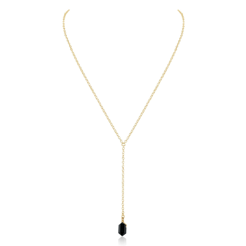 Black Tourmaline Double Terminated Mini Crystal Point Lariat Necklace - Black Tourmaline Double Terminated Mini Crystal Point Lariat Necklace - 14k Gold Fill - Luna Tide Handmade Crystal Jewellery