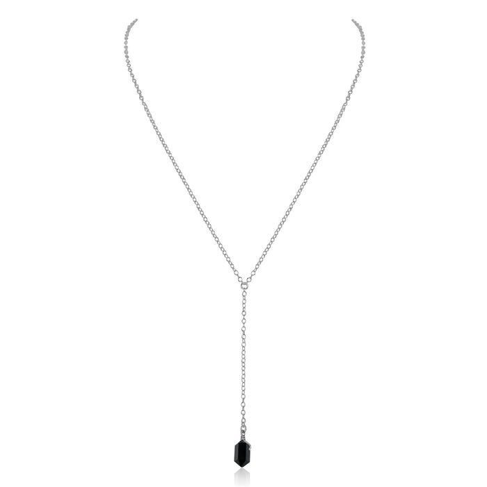 Black Tourmaline Double Terminated Mini Crystal Point Lariat Necklace - Black Tourmaline Double Terminated Mini Crystal Point Lariat Necklace - Stainless Steel - Luna Tide Handmade Crystal Jewellery