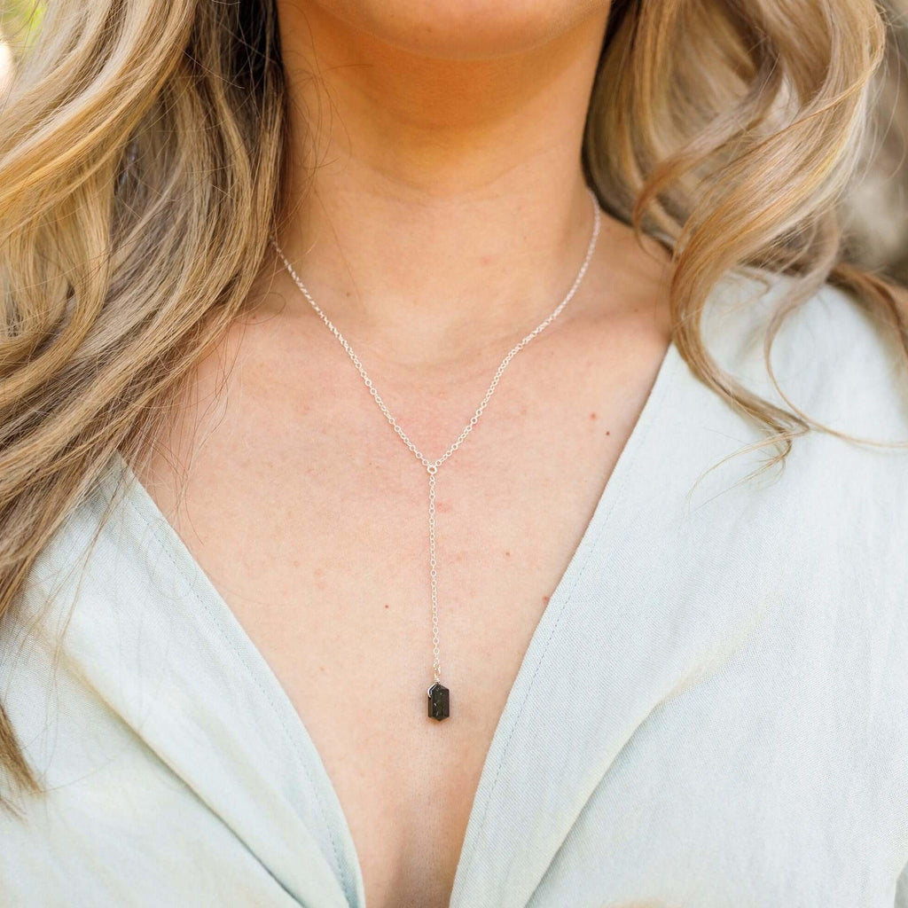 Black Tourmaline Double Terminated Mini Crystal Point Lariat Necklace - Black Tourmaline Double Terminated Mini Crystal Point Lariat Necklace - Sterling Silver - Luna Tide Handmade Crystal Jewellery