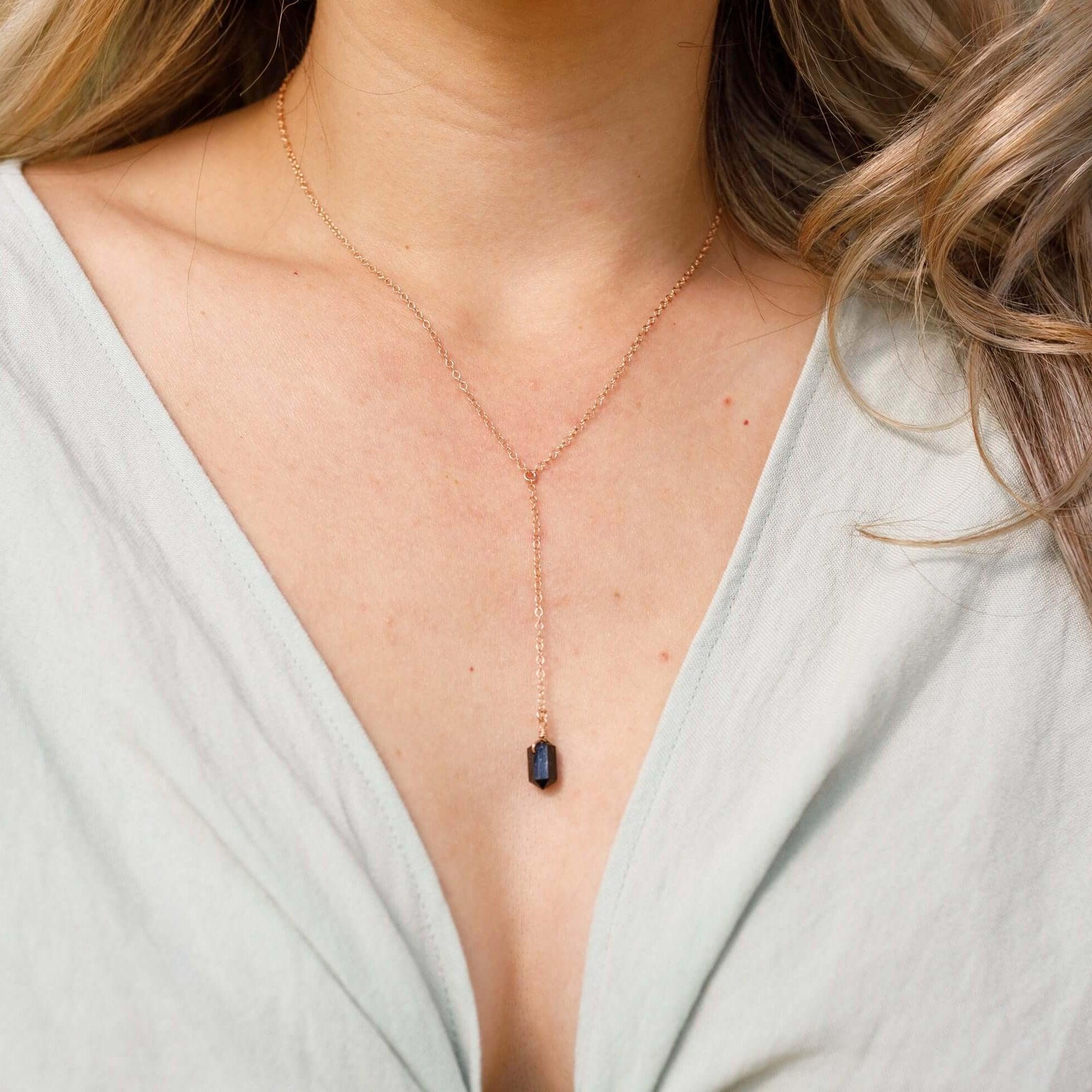 Black Tourmaline Double Terminated Mini Crystal Point Lariat Necklace - Black Tourmaline Double Terminated Mini Crystal Point Lariat Necklace - Sterling Silver - Luna Tide Handmade Crystal Jewellery