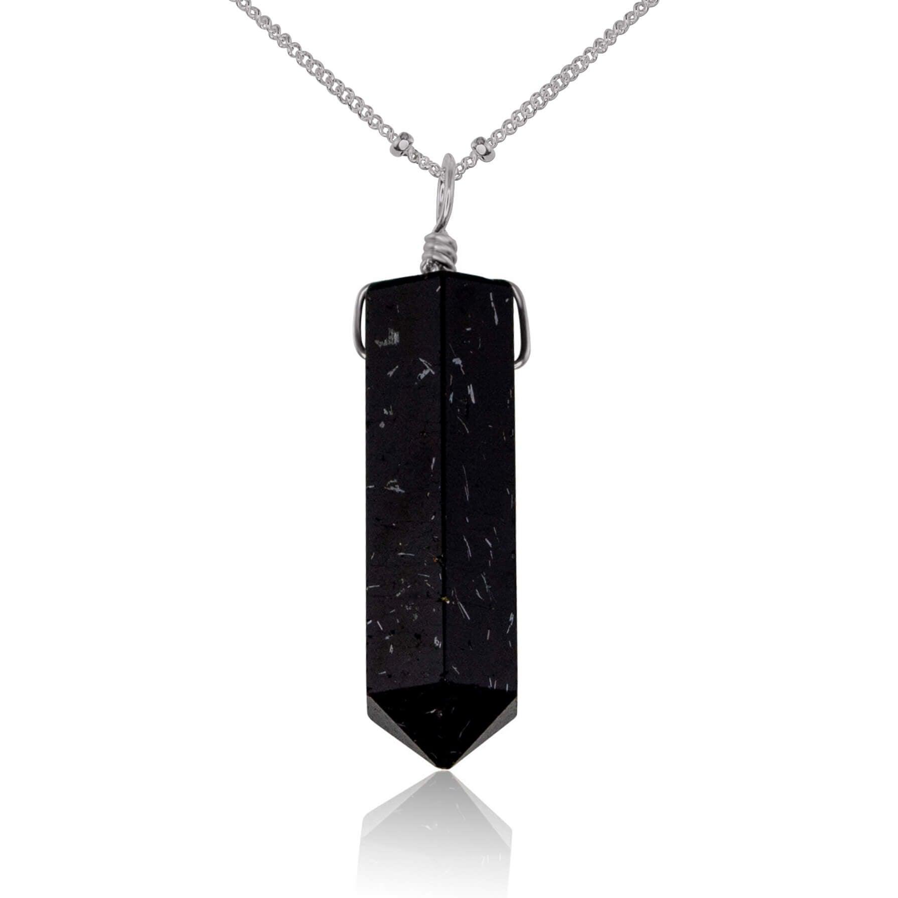 Black Tourmaline Gemstone Generator Tower Point Pendant Necklace - Black Tourmaline Gemstone Generator Tower Point Pendant Necklace - Stainless Steel / Satellite - Luna Tide Handmade Crystal Jewellery