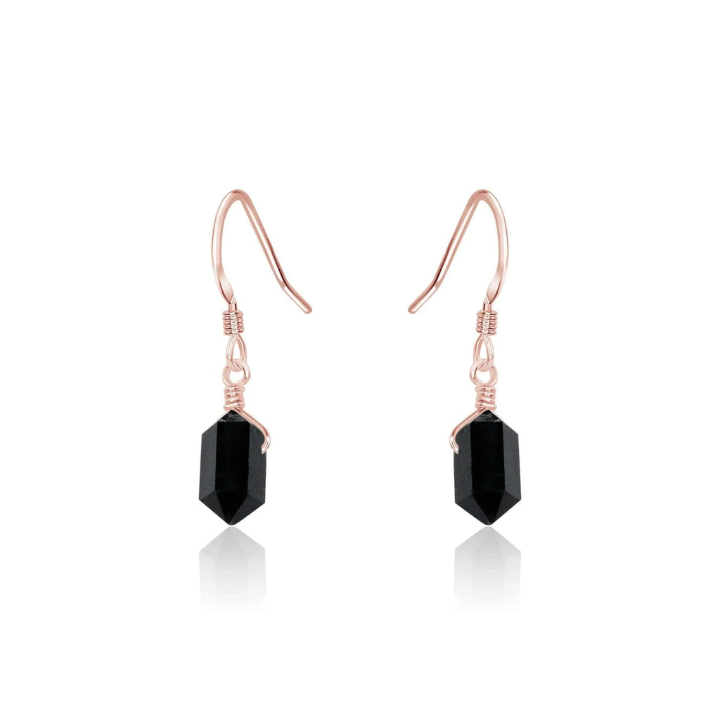 Black Tourmaline Mini Double Terminated Crystal Point Dangle Drop Earrings - Black Tourmaline Mini Double Terminated Crystal Point Dangle Drop Earrings - 14k Rose Gold Fill - Luna Tide Handmade Crystal Jewellery