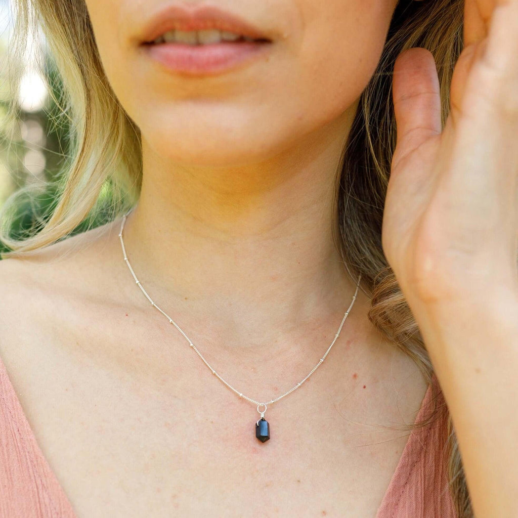 Black Tourmaline Mini Double Terminated Crystal Point Pendant Necklace - Black Tourmaline Mini Double Terminated Crystal Point Pendant Necklace - Sterling Silver / Cable - Luna Tide Handmade Crystal Jewellery