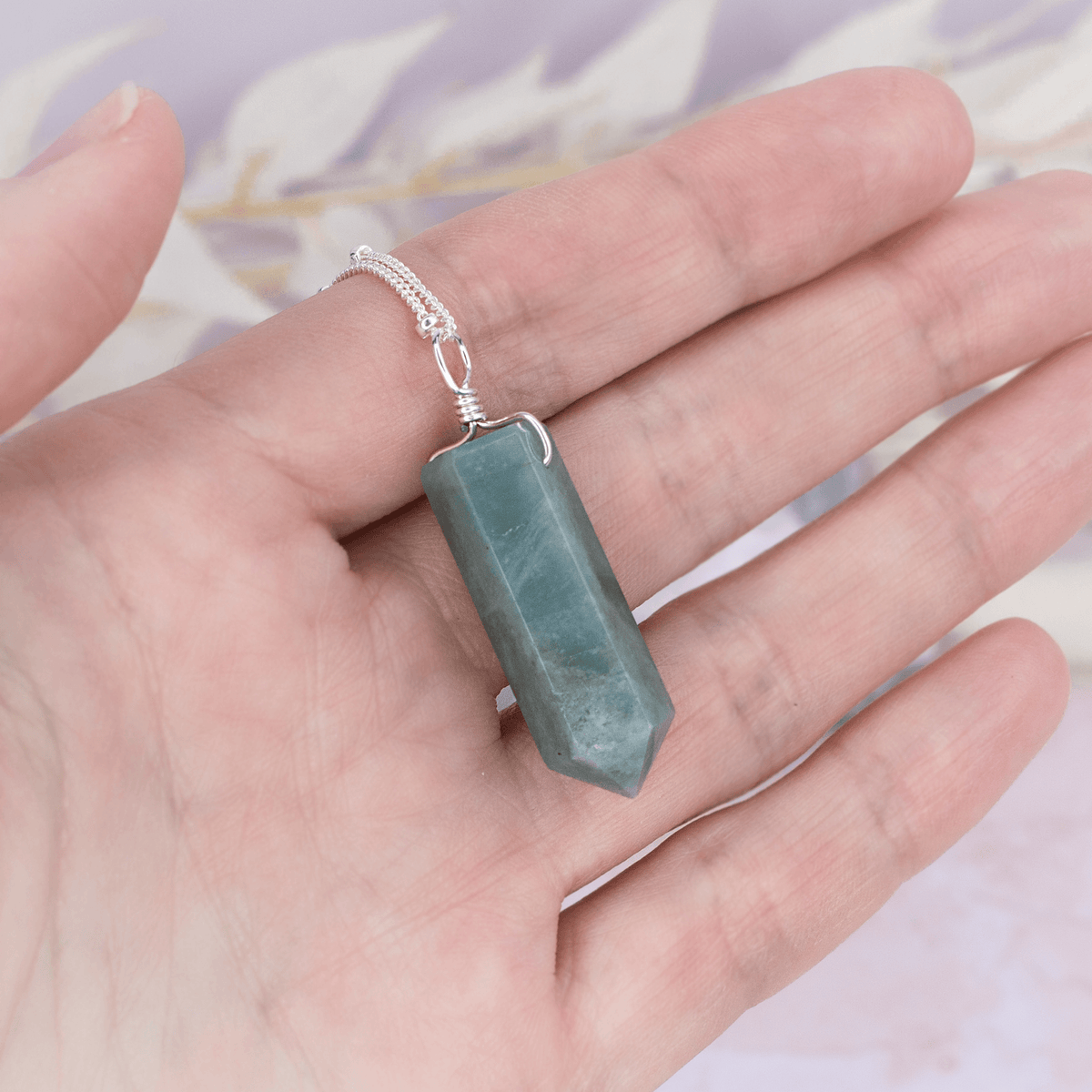 Blue Aquamarine Crystal Generator Point Pendant Necklace - Blue Aquamarine Crystal Generator Point Pendant Necklace - Sterling Silver / Cable - Luna Tide Handmade Crystal Jewellery
