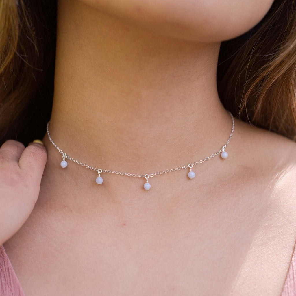 Blue Lace Agate Bead Drop Choker - Blue Lace Agate Bead Drop Choker - 14k Gold Fill - Luna Tide Handmade Crystal Jewellery