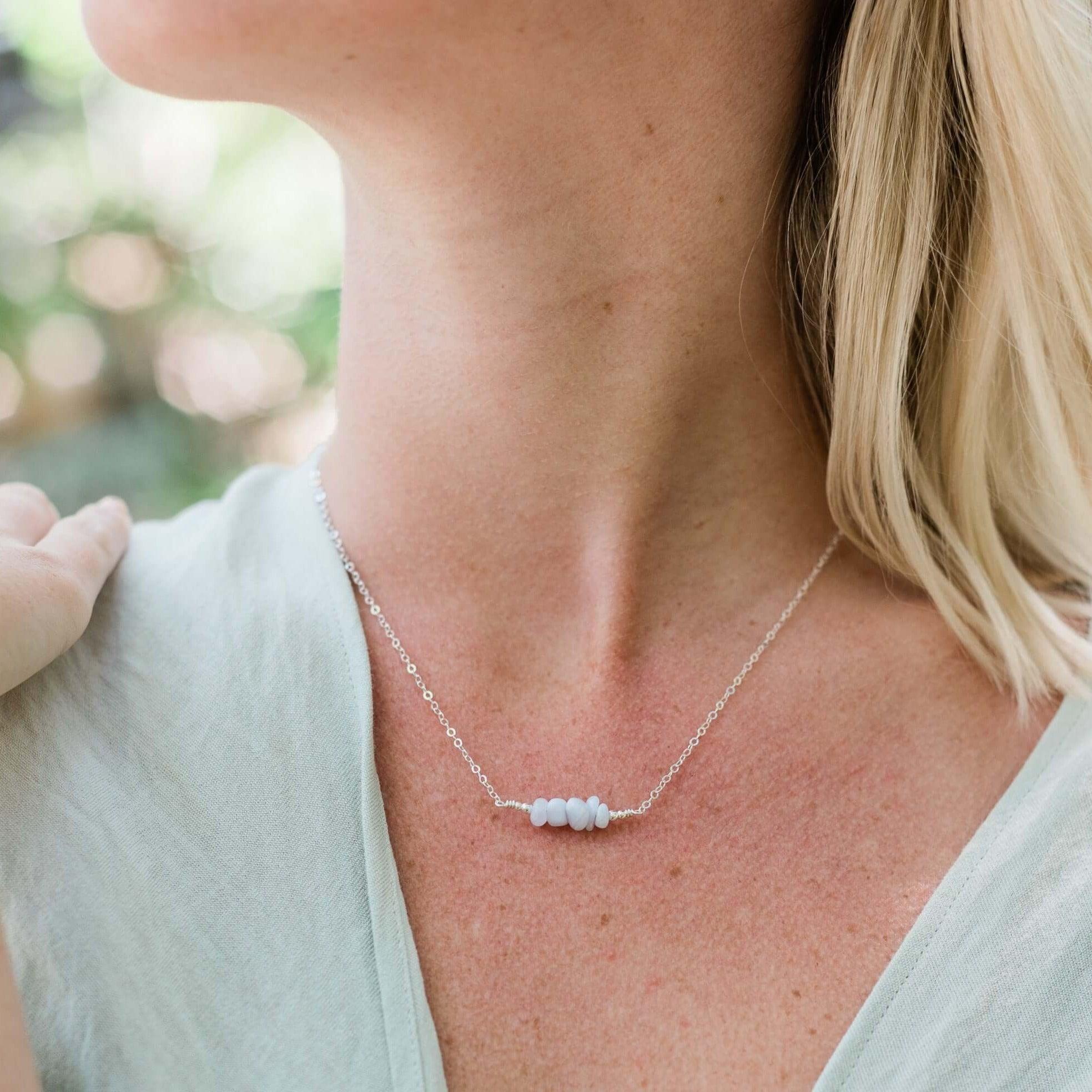 Blue Lace Agate Chip Bead Bar Necklace - Blue Lace Agate Chip Bead Bar Necklace - Sterling Silver - Luna Tide Handmade Crystal Jewellery