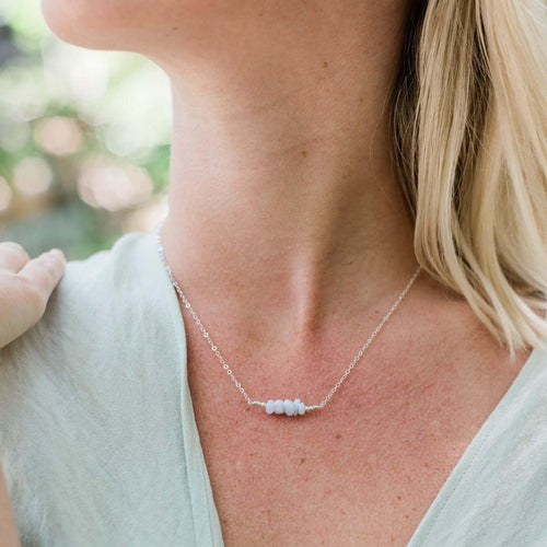Blue Lace Agate Chip Bead Bar Necklace - Blue Lace Agate Chip Bead Bar Necklace - Sterling Silver - Luna Tide Handmade Crystal Jewellery