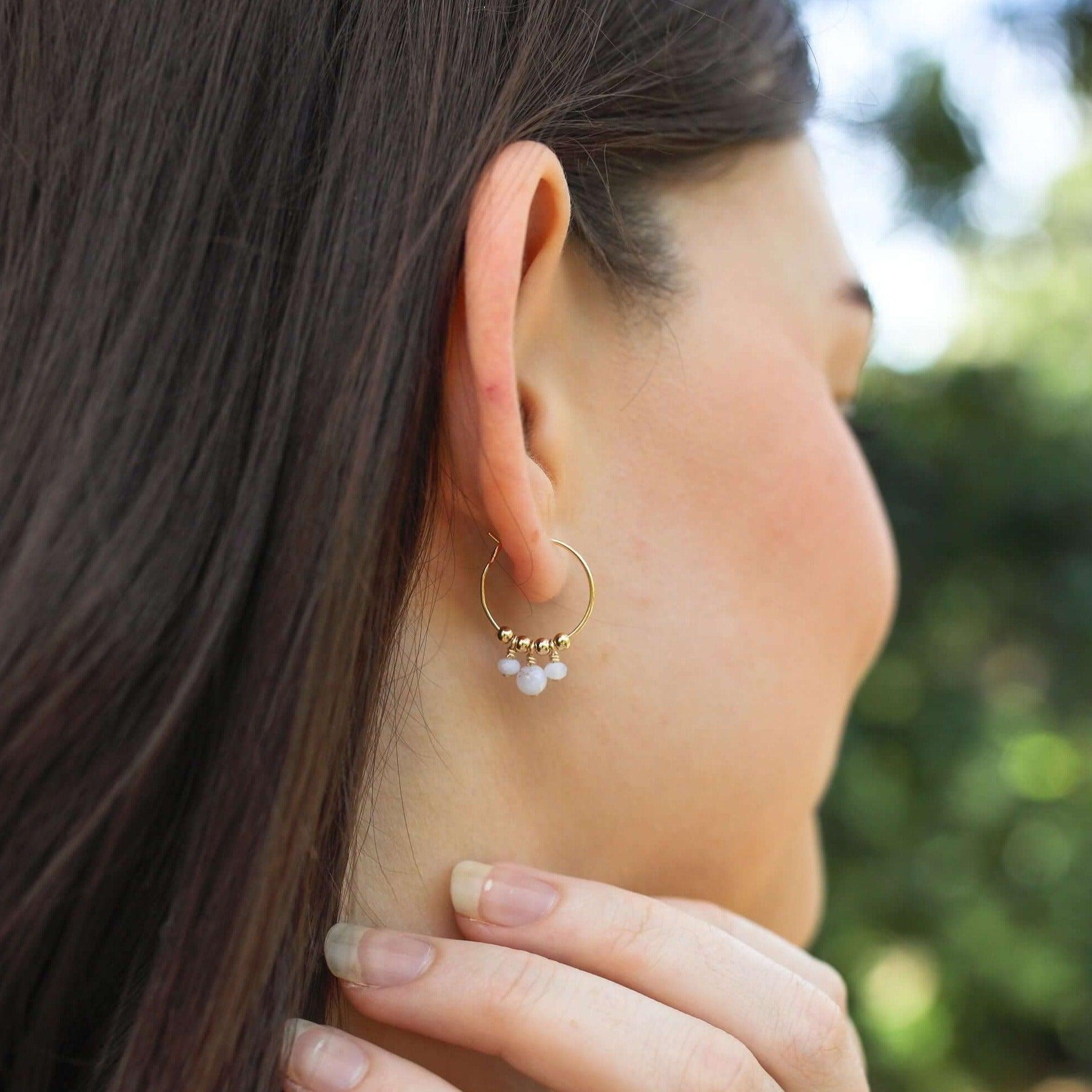Blue Lace Agate Gemstone Bead Drop Hoop Earrings - Blue Lace Agate Gemstone Bead Drop Hoop Earrings - Sterling Silver - Luna Tide Handmade Crystal Jewellery