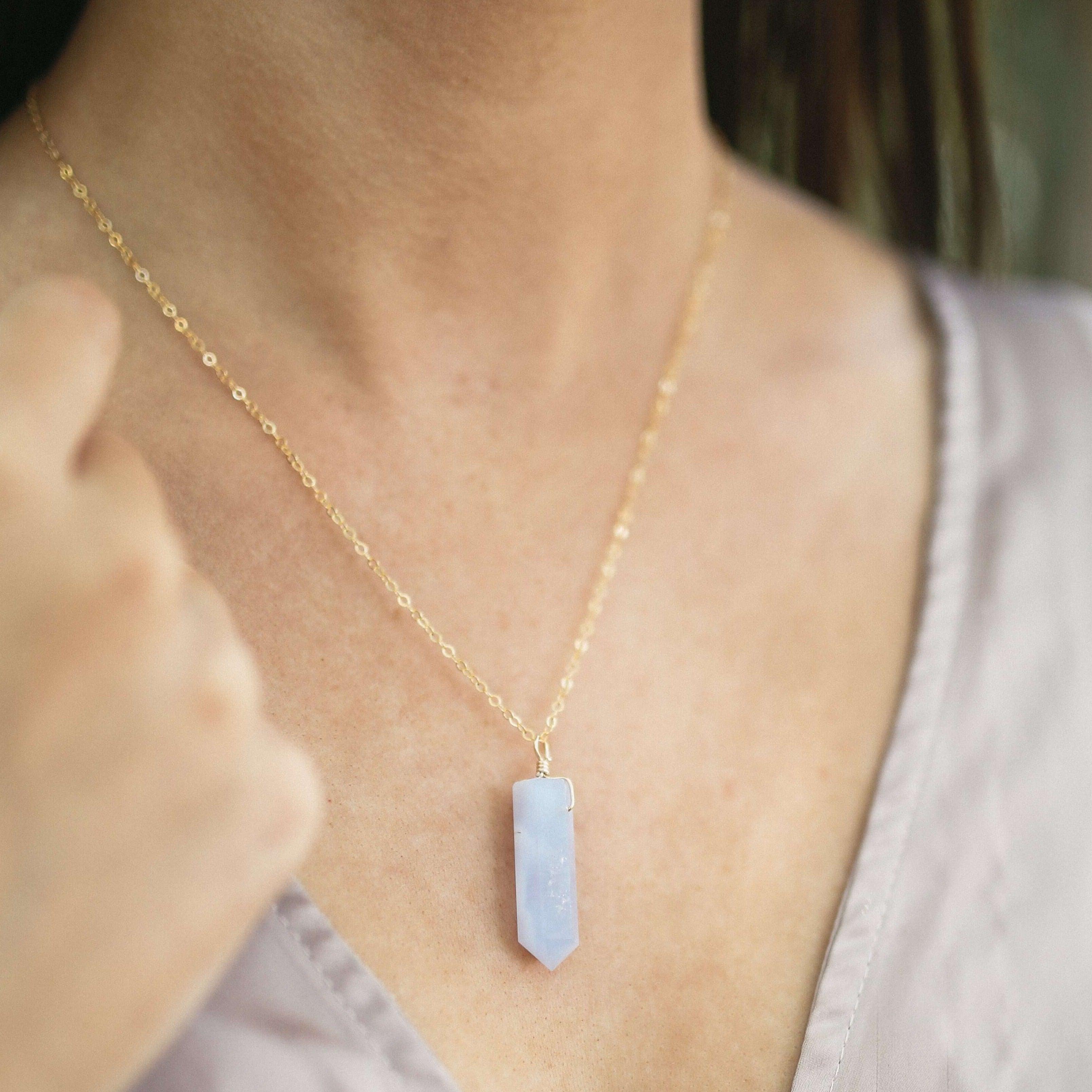 Blue Lace Agate Gemstone Generator Tower Point Pendant Necklace - Blue Lace Agate Gemstone Generator Tower Point Pendant Necklace - Sterling Silver / Satellite - Luna Tide Handmade Crystal Jewellery