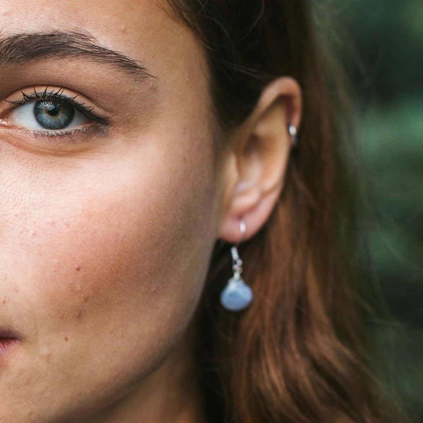 Blue Lace Agate Gemstone Teardrop Dangle Earrings - Blue Lace Agate Gemstone Teardrop Dangle Earrings - Sterling Silver - Luna Tide Handmade Crystal Jewellery