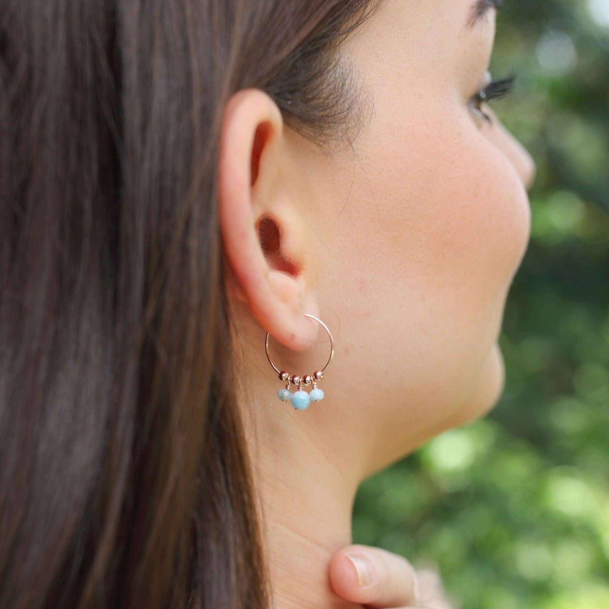 Blue Larimar Gemstone Bead Drop Hoop Earrings - Blue Larimar Gemstone Bead Drop Hoop Earrings - Sterling Silver - Luna Tide Handmade Crystal Jewellery