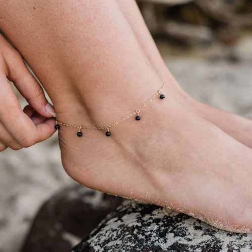 Boho Black Onyx Gemstone Bead Drop Anklet - Boho Black Onyx Gemstone Bead Drop Anklet - 14k Gold Fill - Luna Tide Handmade Crystal Jewellery