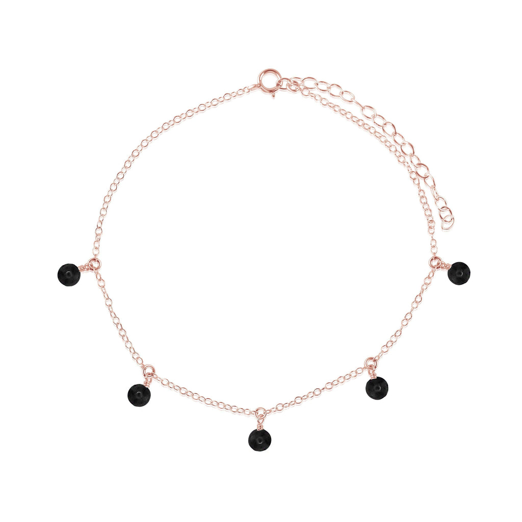 Boho Black Tourmaline Gemstone Bead Drop Anklet - Boho Black Tourmaline Gemstone Bead Drop Anklet - 14k Rose Gold Fill - Luna Tide Handmade Crystal Jewellery