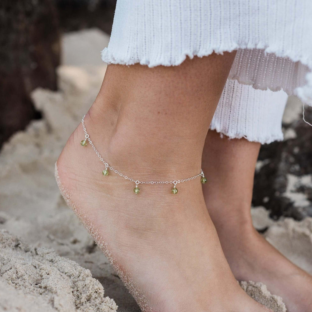 Boho Green Peridot Gemstone Bead Drop Anklet - Boho Green Peridot Gemstone Bead Drop Anklet - Sterling Silver - Luna Tide Handmade Crystal Jewellery