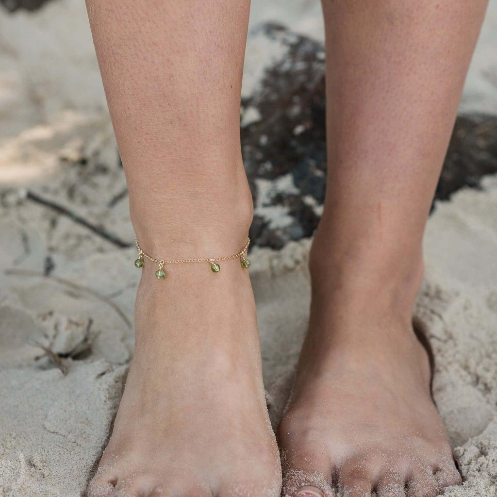 Boho Green Peridot Gemstone Bead Drop Anklet - Boho Green Peridot Gemstone Bead Drop Anklet - Sterling Silver - Luna Tide Handmade Crystal Jewellery