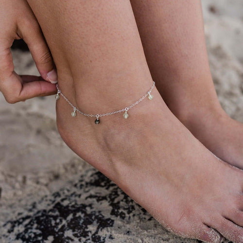 Boho Green Prehnite Gemstone Bead Drop Anklet - Boho Green Prehnite Gemstone Bead Drop Anklet - Sterling Silver - Luna Tide Handmade Crystal Jewellery