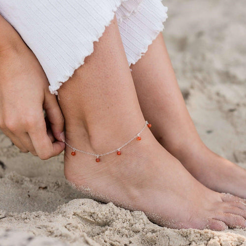 Boho Orange Carnelian Gemstone Bead Drop Anklet - Boho Orange Carnelian Gemstone Bead Drop Anklet - Sterling Silver - Luna Tide Handmade Crystal Jewellery