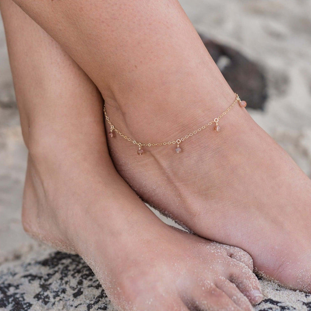 Boho Orange Sunstone Gemstone Bead Drop Anklet - Boho Orange Sunstone Gemstone Bead Drop Anklet - 14k Gold Fill - Luna Tide Handmade Crystal Jewellery