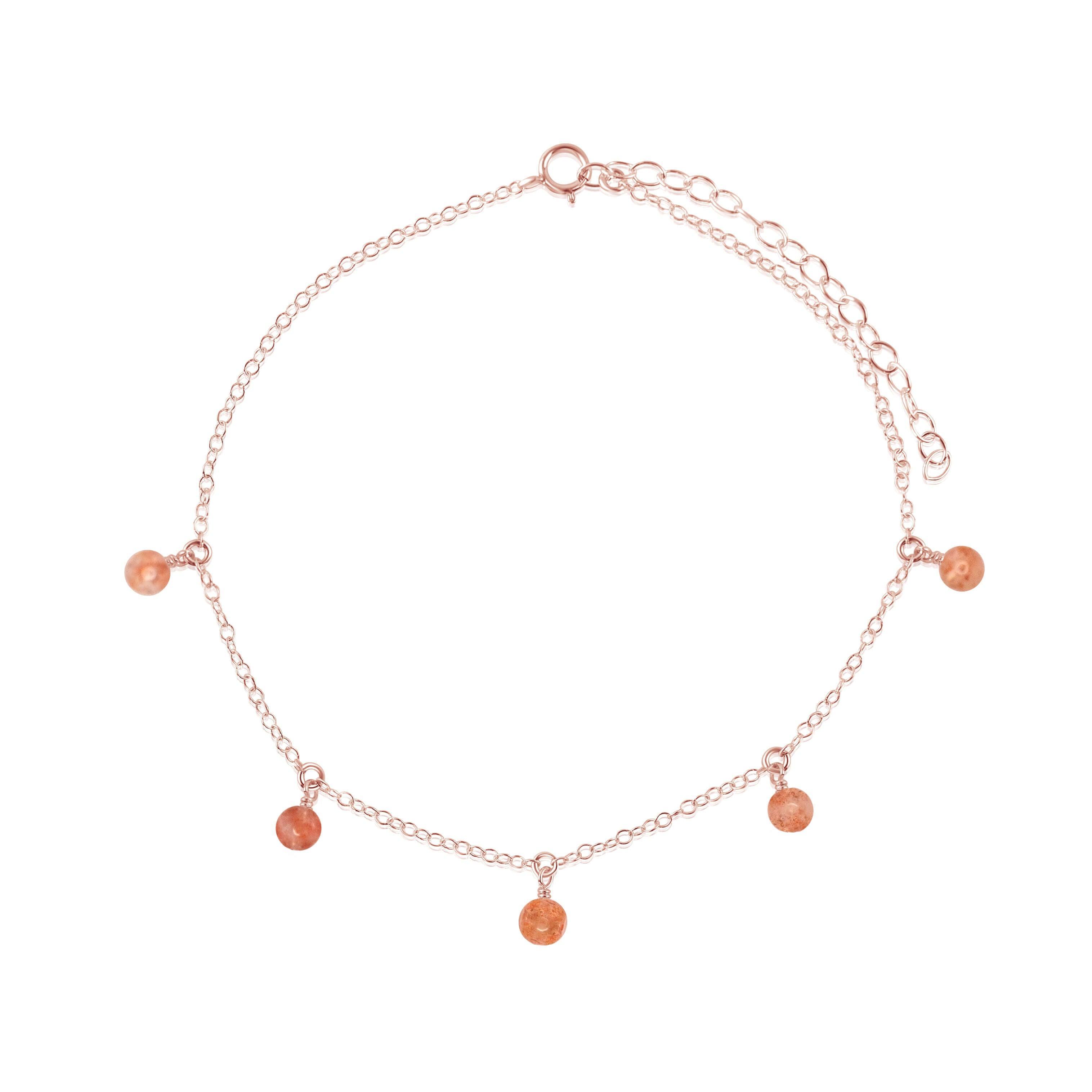 Boho Orange Sunstone Gemstone Bead Drop Anklet - Boho Orange Sunstone Gemstone Bead Drop Anklet - 14k Rose Gold Fill - Luna Tide Handmade Crystal Jewellery