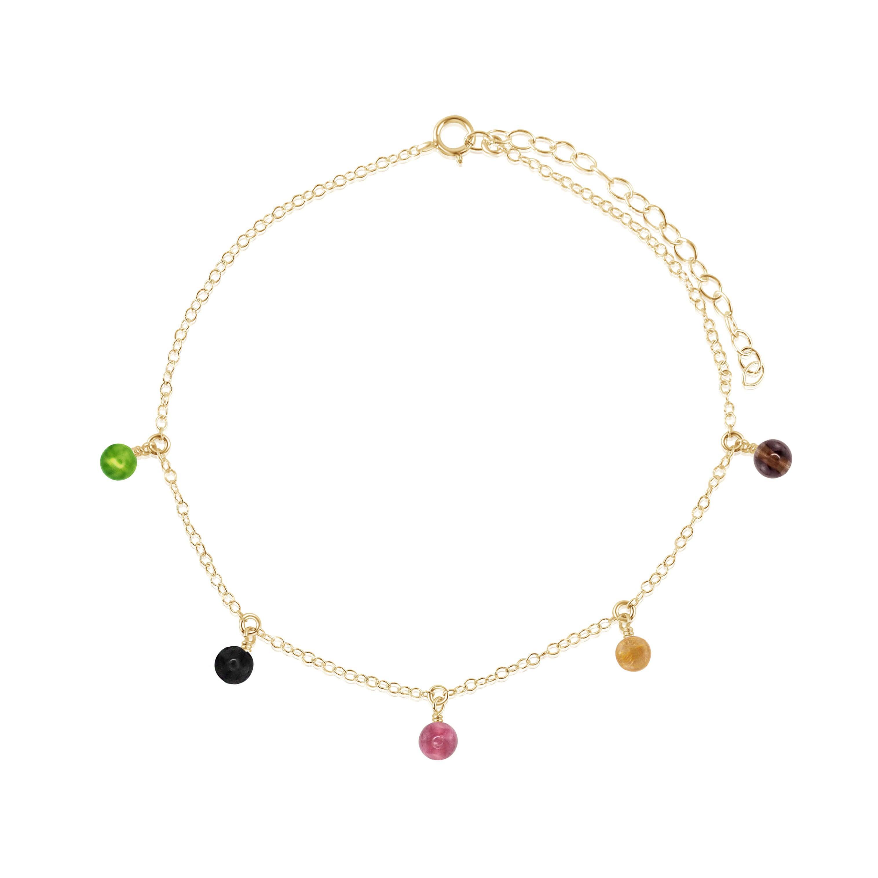Boho Rainbow Tourmaline Gemstone Bead Drop Anklet - Boho Rainbow Tourmaline Gemstone Bead Drop Anklet - 14k Gold Fill - Luna Tide Handmade Crystal Jewellery